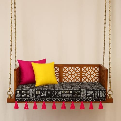 Black Tribal Wooden Swing Seat Cover with Tassels | 4.5 Ft Indian Jhoola Bench Cover for Indoor Outdoor Swing | Solid Wood Swing Jhula Cover for Courtyard, Verandah, Balcony, Living Room Decor