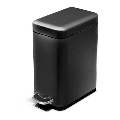 Home Zone Living 1.3 Gallon Small Bathroom Trash Can with Lid and Step Pedal, Stainless Steel Wastebasket with Slim Design for Home and Office, Matte Black, 5 Liters