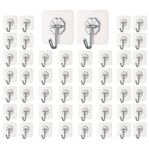 DALUCI Self Adhesive Wall Hooks - 50 Pcs Heavy Duty Wall Hooks for Hanging | Nail Free Sticky Hooks for Wall Heavy Items Without Drilling, Transparent Wall Hanger Hook (Flower Hook, 50)