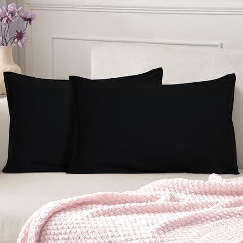 HOME COLORS.IN 100% Cotton Pillow Covers - Soft - Durable - Washable - Solid Plain Pillow Case - 18 x 28 Inch - Set of 2 - Black