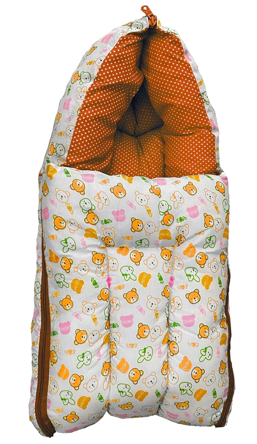 Infans Mini Teddy Mega 3 in 1 Babys Cotton Bed Cum Carry Bed Printed Baby Sleeping BagBaby BedInfant Portable for Unisex Easily PortableLight Weight Carry for New Born 48 Months OldOrangeWhite