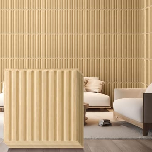 Nuanchu 32 Pcs 3D Wall Panels for Interior Wall Decor 12x12 Fluted Textured Oak Accent Tiles Waterproof Paintable for Living Room TV Background Bedroom Bathroom Gaming Room 32 Sq ft Coverage