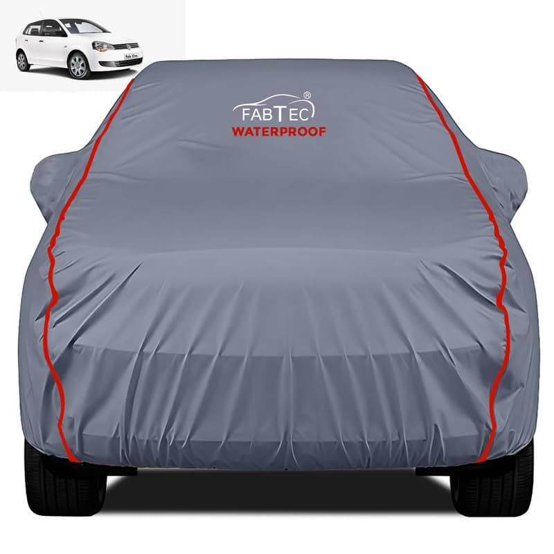 FABTEC Waterproof Premium Car Cover for Volkswagen Polo with Mirror Pocket Super Waterproof Car Body Cover Heavy Duty Durable Peva Grey with Red Piping