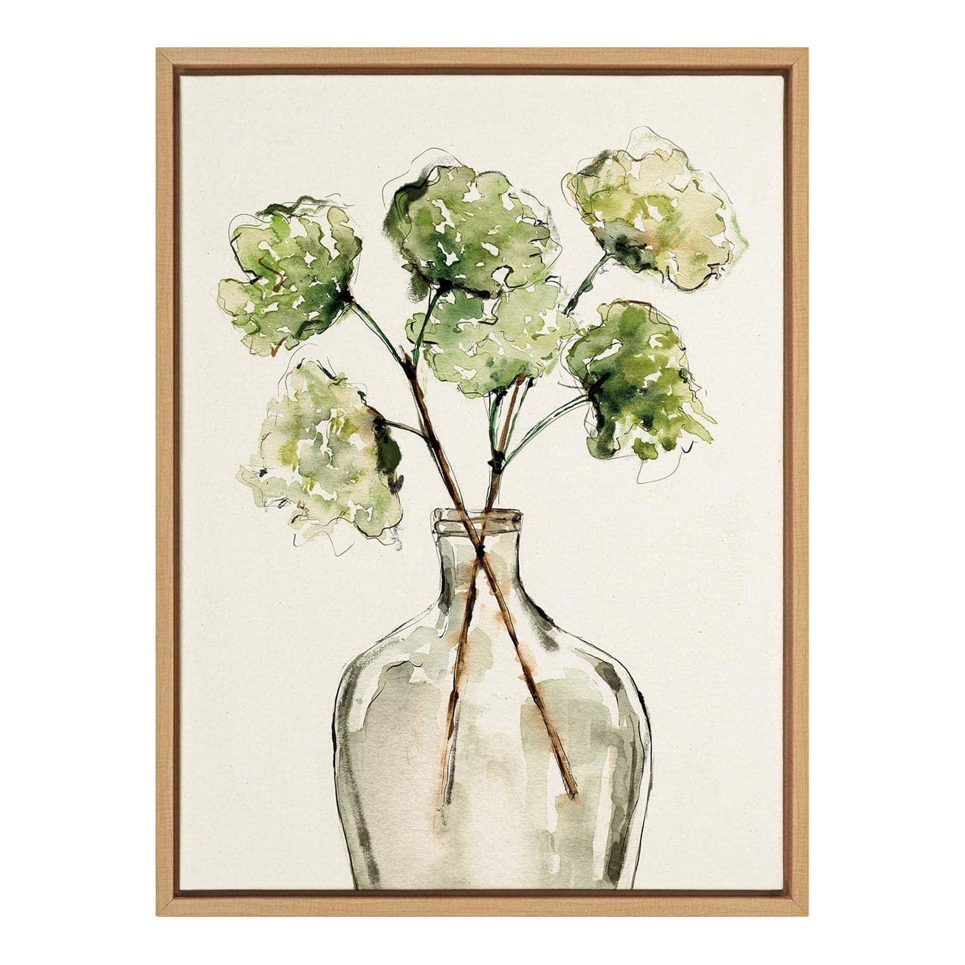 Kate and Laurel Sylvie Greenery Vase Framed Linen Textured Canvas Wall Art by Sara Berrenson 18x24 Natural Modern Nature Art for Wall