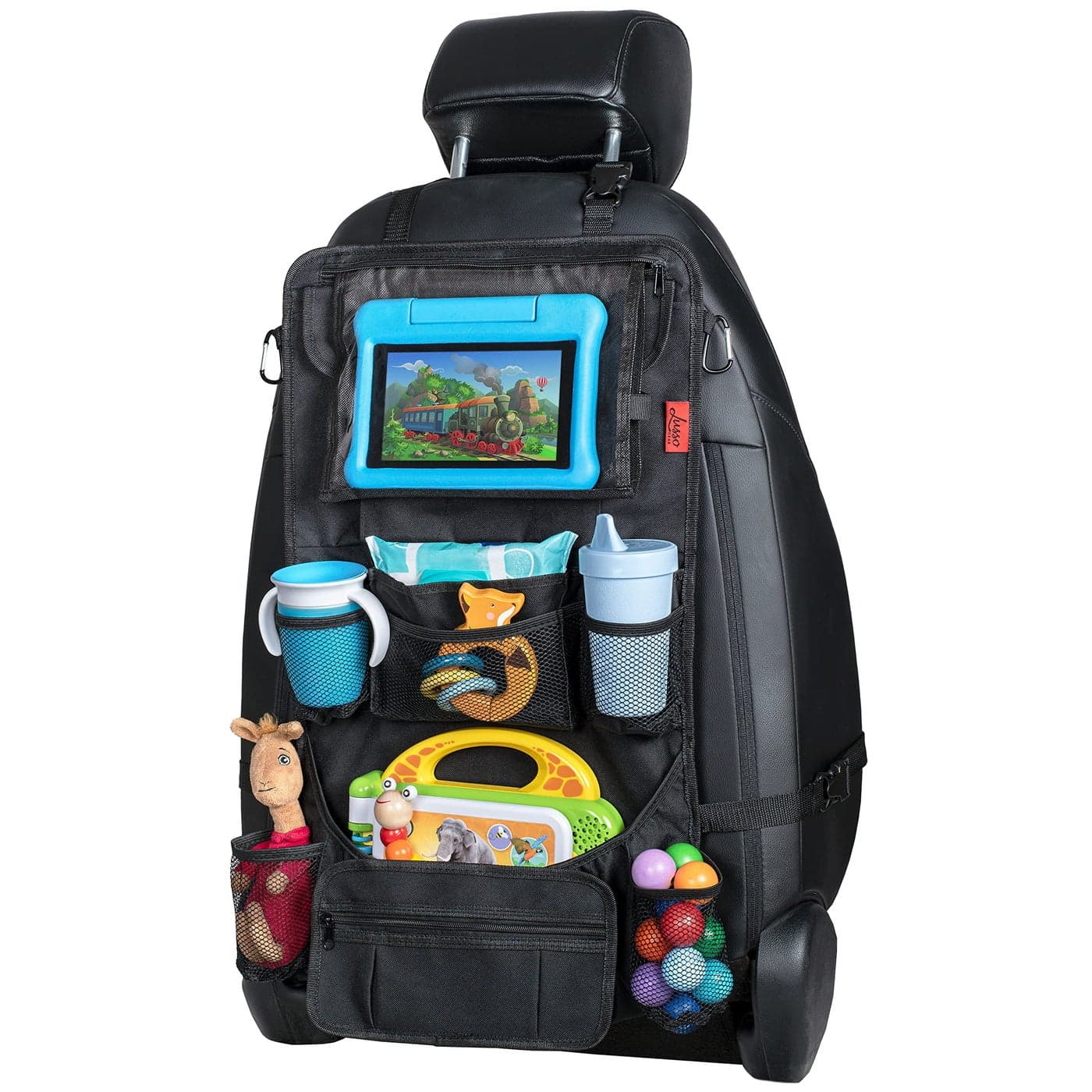 Lusso Gear Backseat Car Organizer Kick Mat Protects Against Kids Feet 12 Large Storage Pockets iPadTablet Water Bottle Holder Durable Heavy Duty Road Trip Essential Black