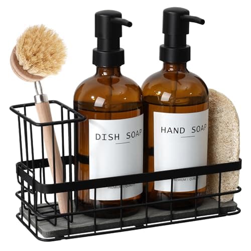 Dish Soap Dispenser for Kitchen 169 fl oz Amber Hand and Dish Soap Dispensers Kitchen Soap Dispenser Set with Sponge Holder Brush Holder and Loofah Sponge Countertop Sink Organizer Accessories