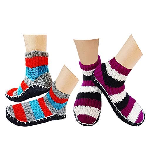 Krystle Warm Winter Ankle Length Slipper Socks for Men's & Women's Knitted Booties - Indoor Use With Soft Rubber Sole - 2 Pair (Multicolour, Free Size)