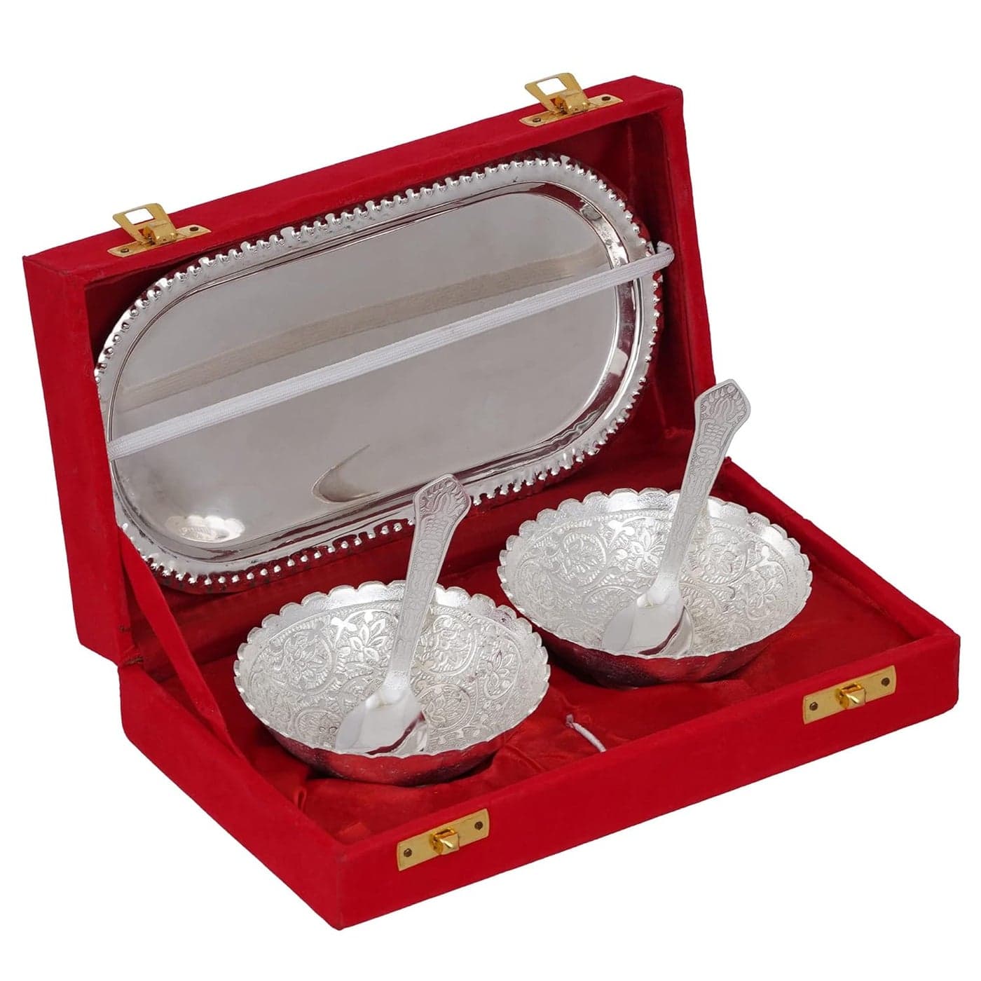 KUSHAL CREATION Pack of 5 Silver Plated Festival Gift Silver Plated Brass Bowls Set of 5 Pcs Red Box Dinner Set with Matki Diya Set of 8 PEC