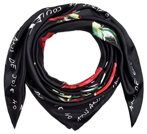 corciova Large Square Tie Satin Headscarf Silk Like Lightweight Scarf Hair Sleeping Wrap for Women Black Rose Floral Bandana