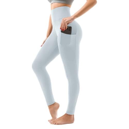 SINOPHANT High Waisted Leggings with Pockets Women, Full Length Capri Buttery Soft Stretchy Yoga Pants(Full Light Blue,L-XL)