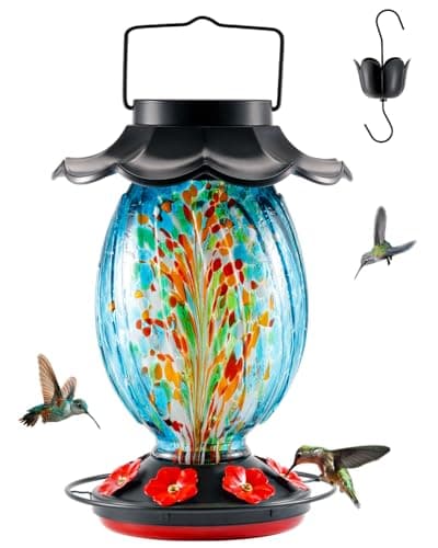 HouseSapp Solar Hummingbird Feeder - 49 fl.oz Hand Blown Glass Color Changing - 7 Feeding Ports with Perch - Never Leak - Perfect Hummingbird Feeder for Outdoors Hanging (Blue)