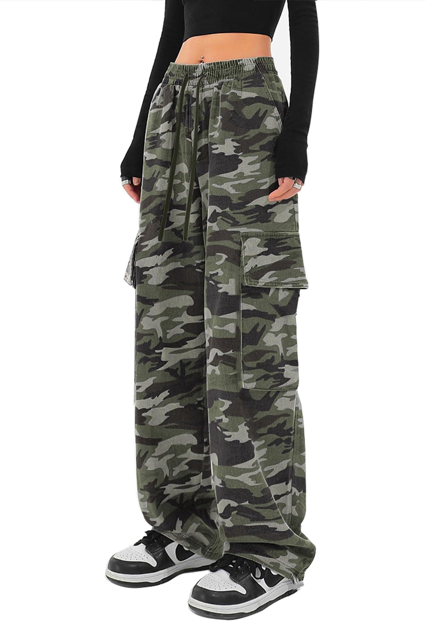 SESERAGI Cargo Pants Women Baggy Streetwear Y2K Drawstring Trousers Wide Leg Pants Black Grey M