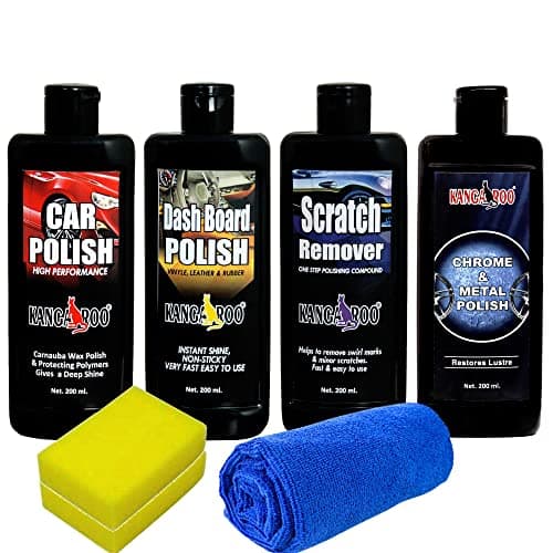 Kangaroo® Car Care Kit (Car Polish + Dashboard Polish + Scratch Remover + Chrome Metal Polish) 200 ML Each + 2 Sponge and 1 Microfiber Towel Fast and Easy to Use X3