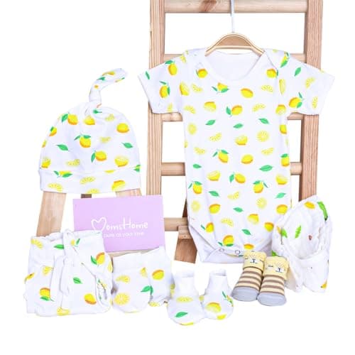 MOM'S HOME Organic Cotton Baby Essentials Gift Set | Baby Shower Gift Hamper | Baby Clothing Gift Combo | Lemon | Pack of 7 (Lemon, 0-3 Months)
