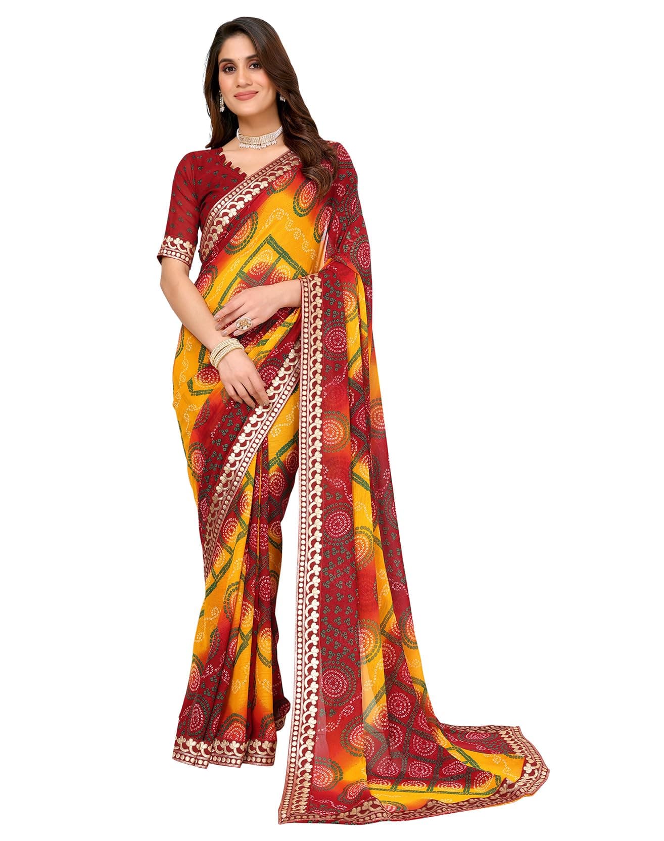 Yashika Women's latest Georgette Saree With Lace and Blouse Material (AZ-YS-P1-AACHAL MAROON)