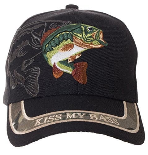 Artisan Owl Kiss My Bass Embroidered Fishing Baseball Cap - Adjustable Hook and Loop Closure (Black)