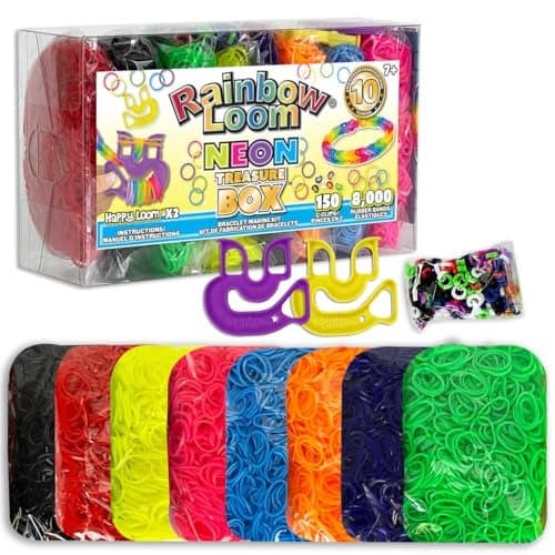 Rainbow Loom Treasure Box NEON Edition 8000 Rubber Bands in 8 Different Neon Colors and a Bonus of 2 Happy Looms Great Activities for Boys and Girls 7