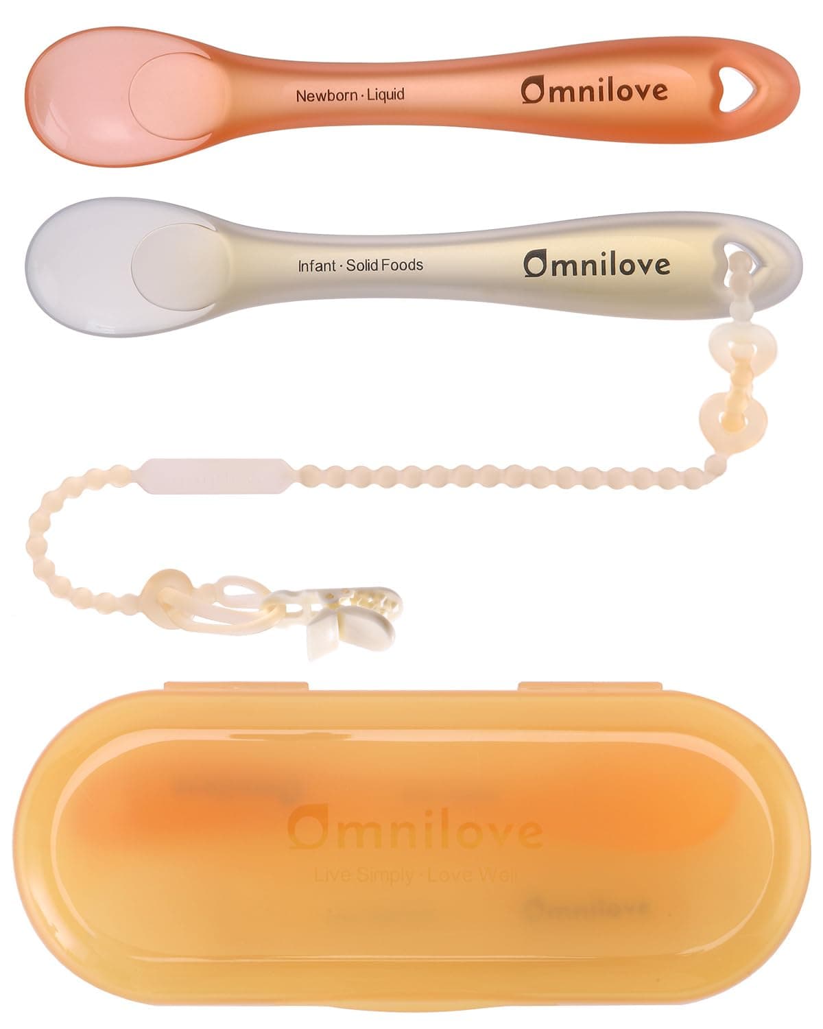 Omnilove Silicone Baby Spoons 2-Pack with Case, New Born Self Feeding Toddler Spoon, Baby Led Weaning Supplies, Toddler Utensils with Safety Chain, Baby Eating Essentials, Dishwasher Safe