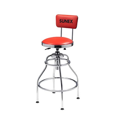 SUNEX TOOLS 8516 Hydraulic Shop Stool HighPolished Chrome Finish Hydraulic Seat Adjustment Vinyl Padded Adjustable Seat and Backrest Slip Resistant Feet 250Pound Capacity Silver