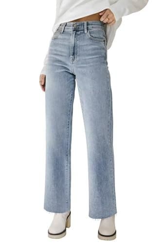 KDF Straight Leg Jeans for Women High Waisted Jeans Frayed Baggy Pants Raw Hem Loose Stretchy Cropped Wide Leg Jeans Light Blue Size 16