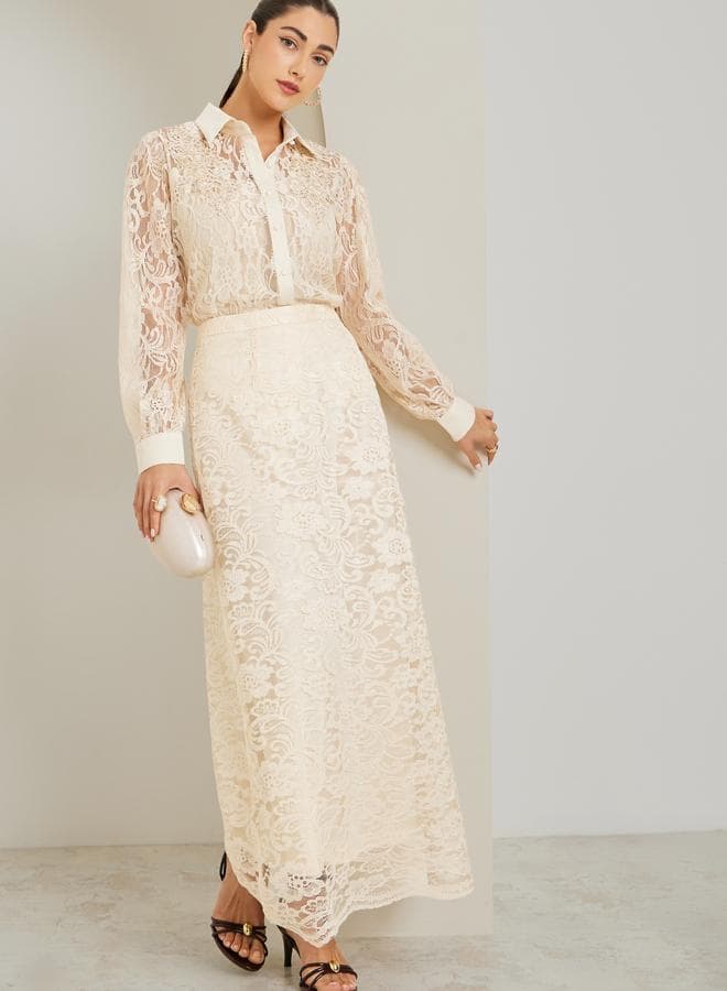 Beige Lace A-Line Maxi Skirt — M