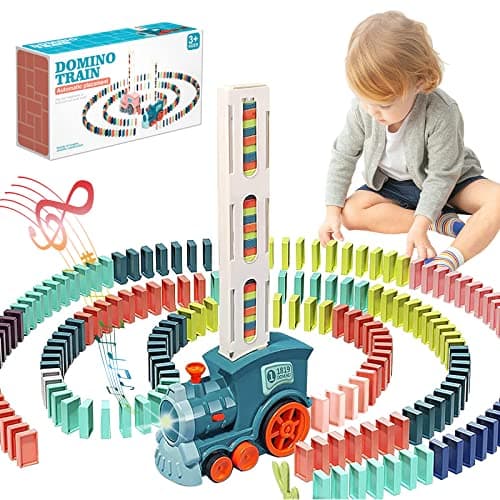 Noaideoi Domino Train Toy Set for Kids Automatic Dominoes Blocks Building and Stacking Toys Creative Kids Games Early Education Christmas Birthday Gift Boys Girls Age 3 4 5 6 7 8 Year Old Cyan