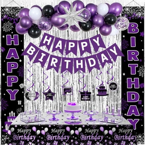 Black and Purple Birthday Decorations for Women Girls Happy Birthday Decorations Purple and Silver Party Decoration Happy Bday Banner Balloons Tablecover Fringe Curtain Door Banner Bday Party Decor