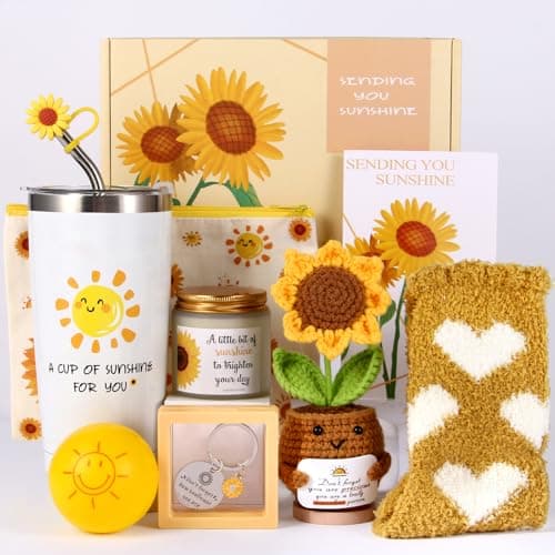 10Pcs Sunshine Gift for Women Unique Care Package with Sunflower Gifts Friendship Box of Sunshine for Mom Sister Wife Get Well Soon Birthday Present Self Care Basket for Women Recovery