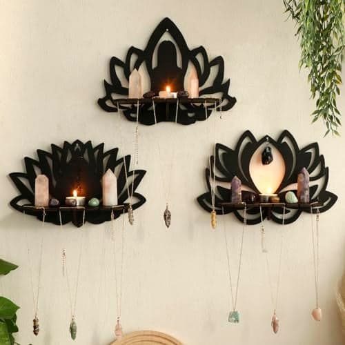 Artilady Lotus Flower Crystal Shelf 3 Pack Floating Shelves for Wall Bedroom Decor Black Cute Display Shelf Yoga Decor for Crystals and Stones Aesthetic Boho Room Decorations Witchy Gift for Wome