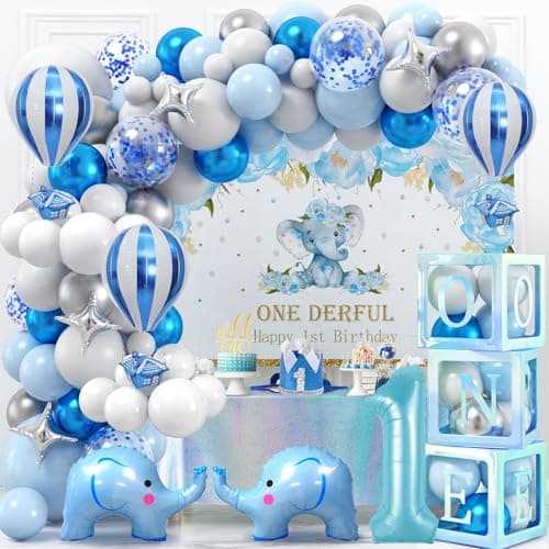 Winrayk 141Pcs Elephant First 1st Birthday Decorations Boy, ONE Box Blue Balloon Arch Backdrop Tablecloth Crown Hat Cake Topper Elephant Hot Air Balloon One Year Old First Birthday Decorations for Boy