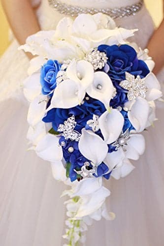 IFFO New Bridal Bouquet, Wedding Flowers, Calla Lilies, Artificial Flowers, Waterfalls, Water Drop Style, Collection Decorations (Royal Blue)