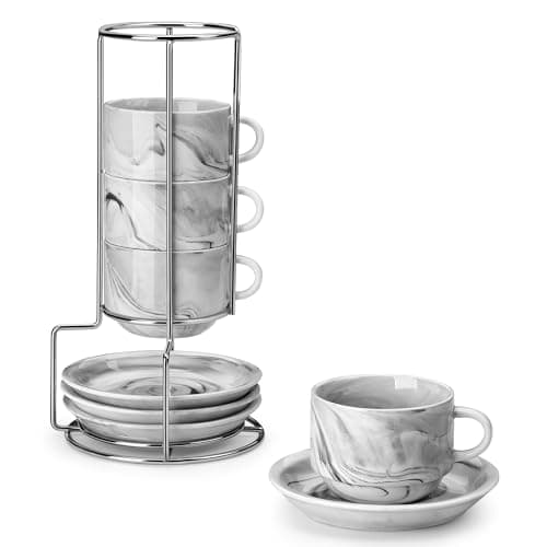 MALACASA 8 OZ Porcelain Espresso Cups with Saucers and Metal Stand Set of 4, Stackable Cappuccino Cups, Marble Gray Expresso Shots Cup Set for Coffee Drinks, Latte, Tea