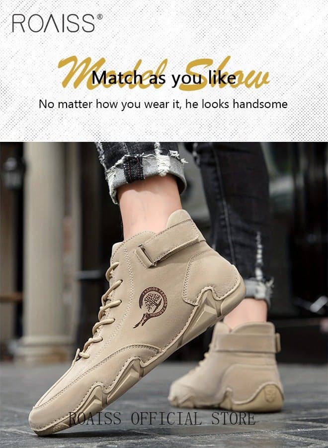 Men's Casual Ankle Boots Outdoor Non-slip, Sweat-Wicking Martin Boots Round-Toe Flat-Soled, Lace-Up with Velcro Closures Soft Comfortable Taupe Sneakers