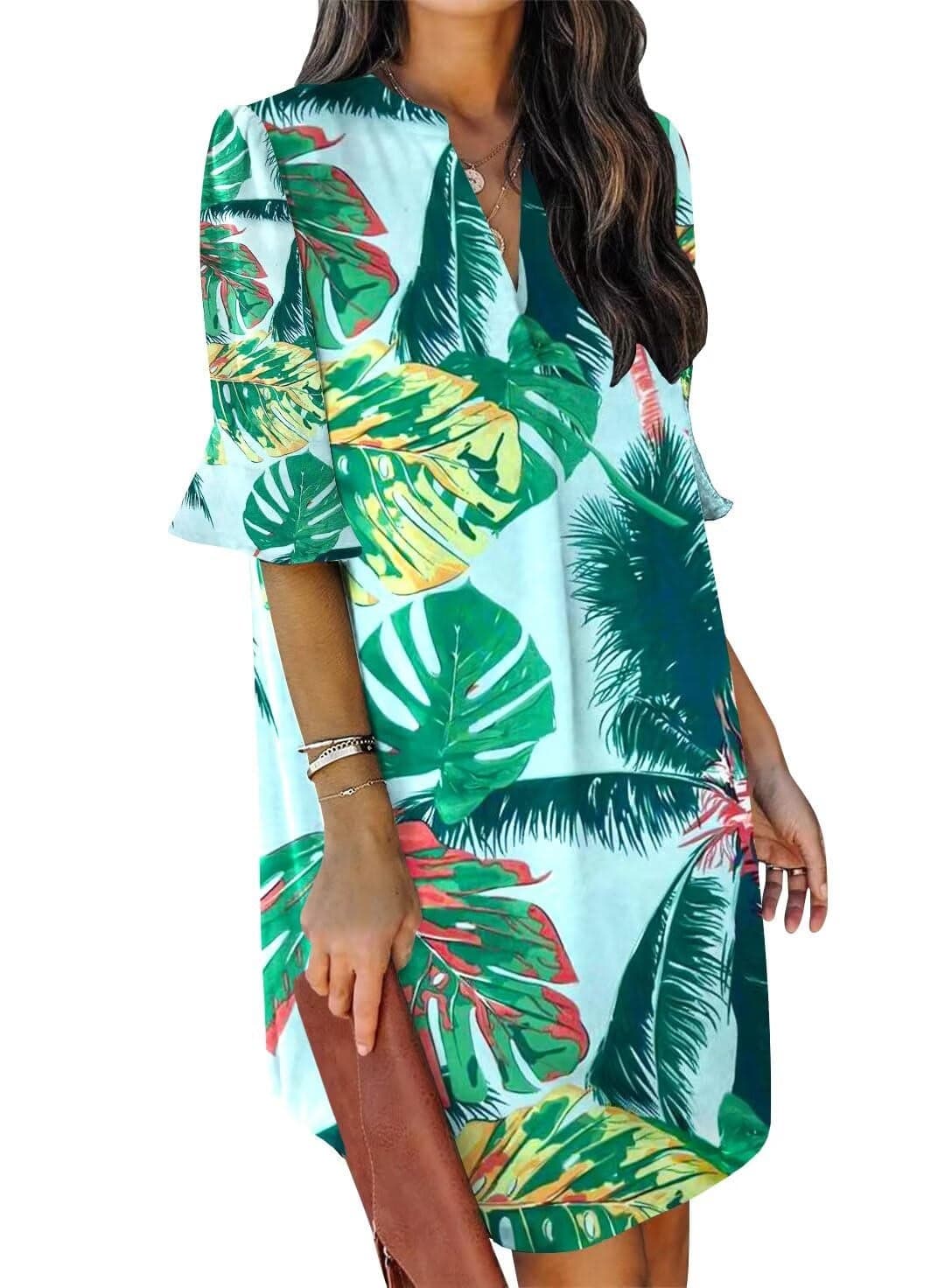 QACOHU Women's Summer Floral Print Ruffle Short Sleeve V-Neck Beach Party Dress Music Festival Dress Green Leaf XL