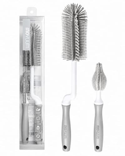 Moyuum Silicone Baby Bottle and Nipple Brush Set Made in Korea 360 Degree Rotating Handle Soft Bristles Hanging Hole for Quick Drying and Storage Dishwasher Safe Cool Grey