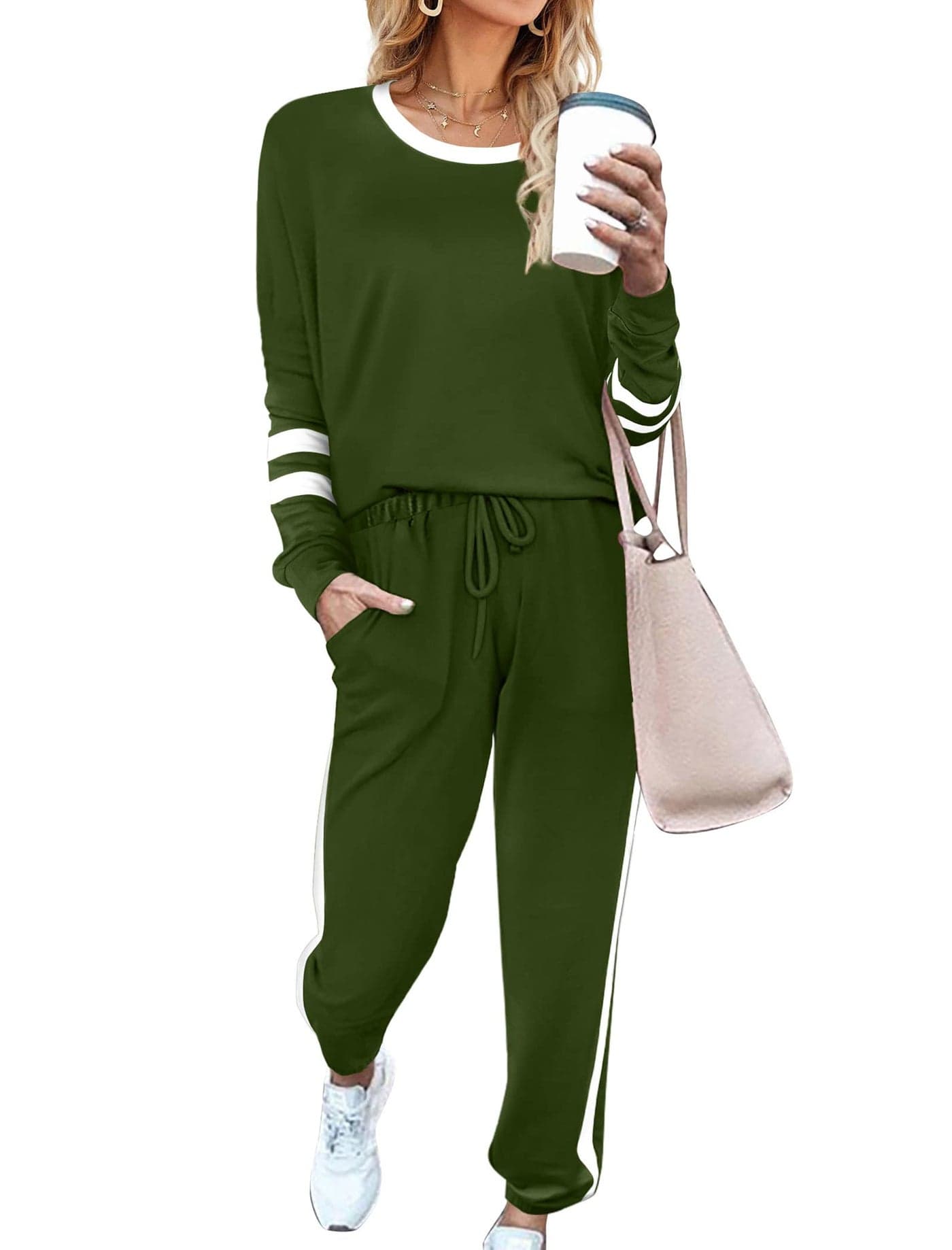 Aloodor Workout Sets for Women 2 Piece Loungewear Set Color Block Outfits Green L