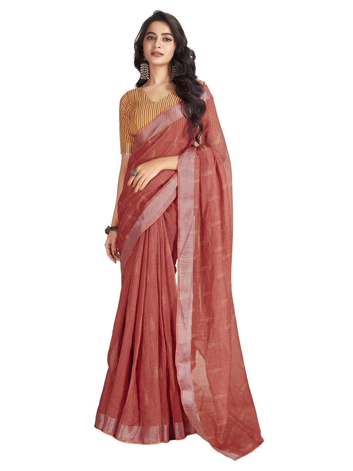 Satrani Women's Cotton Printed Zari Stripe Ready To Wear Saree with Unstitched Blouse Piece (18RS168N_Dusty Red4)