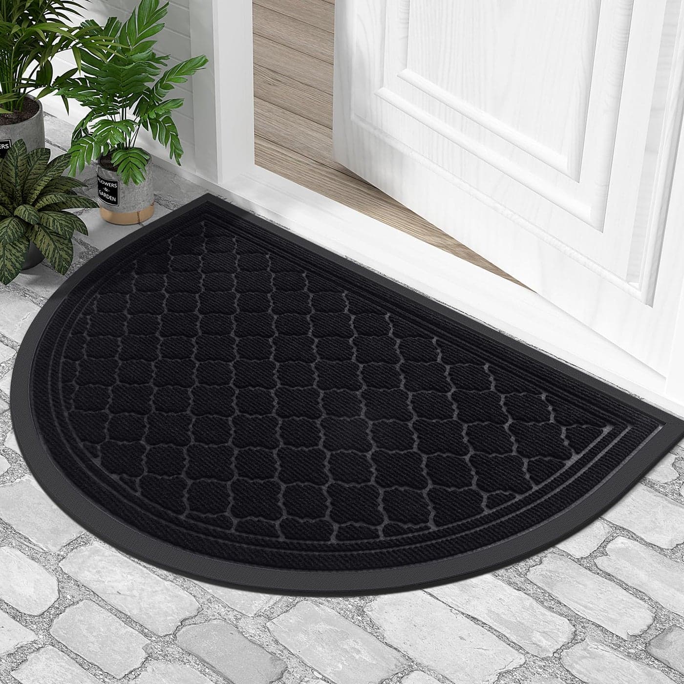 Homaxy Half Moon Door Mats Indoor Non Slip Rubber Door Matts Dirt Trapper Absorbent Doormat Outdoor Washable Heavy Duty Floor Mat for Entrance Front Door Kitchen and Garden 43 x 76 cm Black