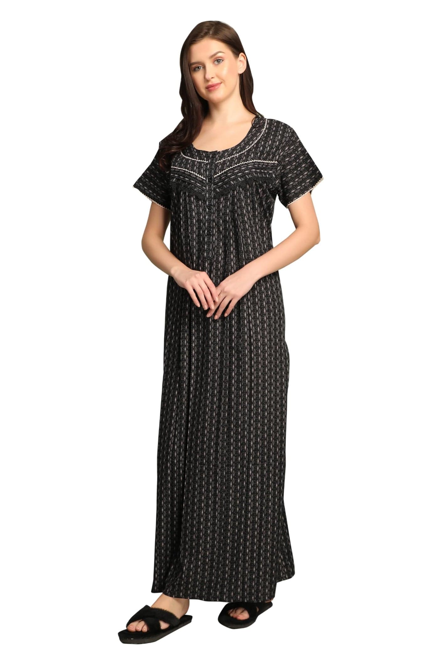 GLAMORAS Bizzy Lizzy Cotton Nighty Gown with Side Pocket for Women | Regular, Printed & Full Length Maxi Night Gown | Night Wear Nighties for Women | Black 2XL
