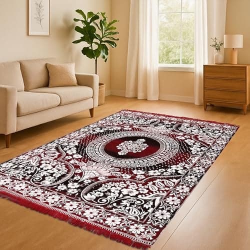 Pure Source India Premium Soft Cotton Floor Carpet (5 X 7 Feet) for Living Room, Pooja Room, Bedroom & Home Décor – Non-Slip, Washable & Modern (Red)