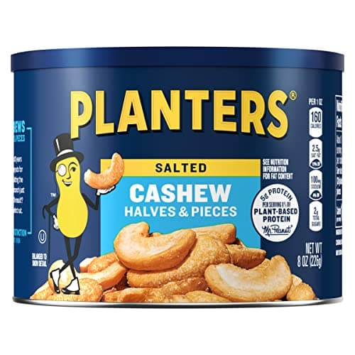 PLANTERS Salted Cashew Halves & Pieces, Party Snacks, Plant-Based Protein 8oz (1 Canister)