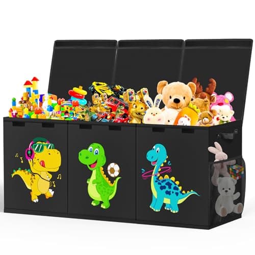 Beadsky Extra Large Toy Box Collapsible Toddlers Toy Chest Kids Storage Organizer Dinosaur Bin Boxes Storage Basket with Lids for Boys Girls Living Room Nursery Playroom 40x14x16 Black