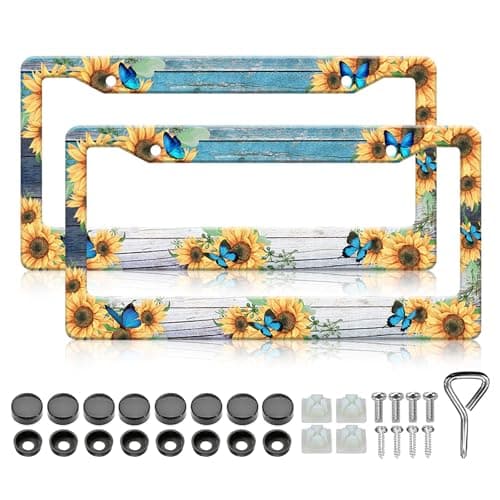 Blue Butterfly Sunflower License Plate Frames 2 Pack Wooden Board Flower Aluminum Metal License Plate Holder Covers RustProof Waterproof Car Decorative Tag Frames for Standard US 12x6 Inch