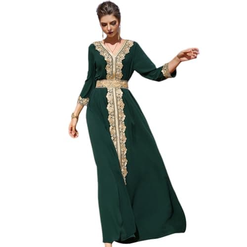 Abaya Dress for Women Moroccan Kaftan Dubai Fancy Long Sleeve Kaftan Dresses Moroccan Traditional Ethnic Shirts Dress Robe Wedding Party Attire Jalabiya Mubarak Eid Ramadan Outfits Dark Green L