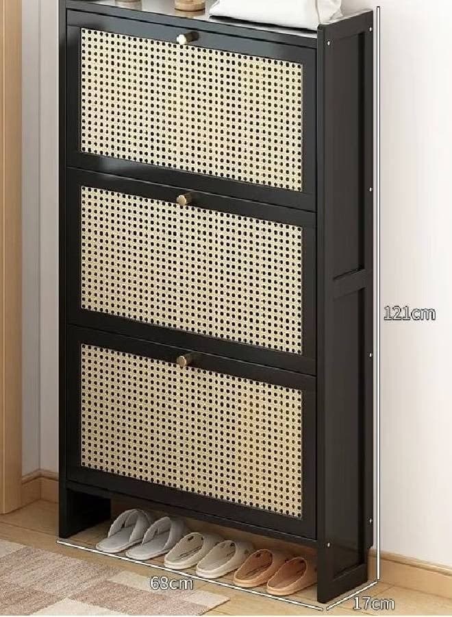 Slim Rattan Style Black 3 Door Shoe Cabinet Modern Flip Down Design 68x17x121cm