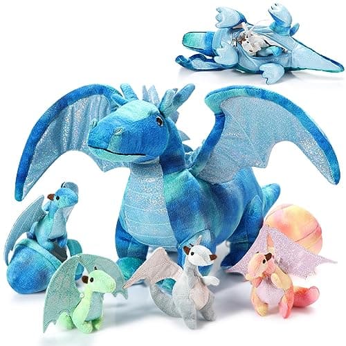 Deekin 7 Pcs Dragon Toy Set 16 Inch Large Dragon Stuffed Animal with 4 Baby Plush and 2 Eggs in Mommy's Belly Dinosaur Plushies Gifts for Boys Girls Birthday Christmas(Bright Style)