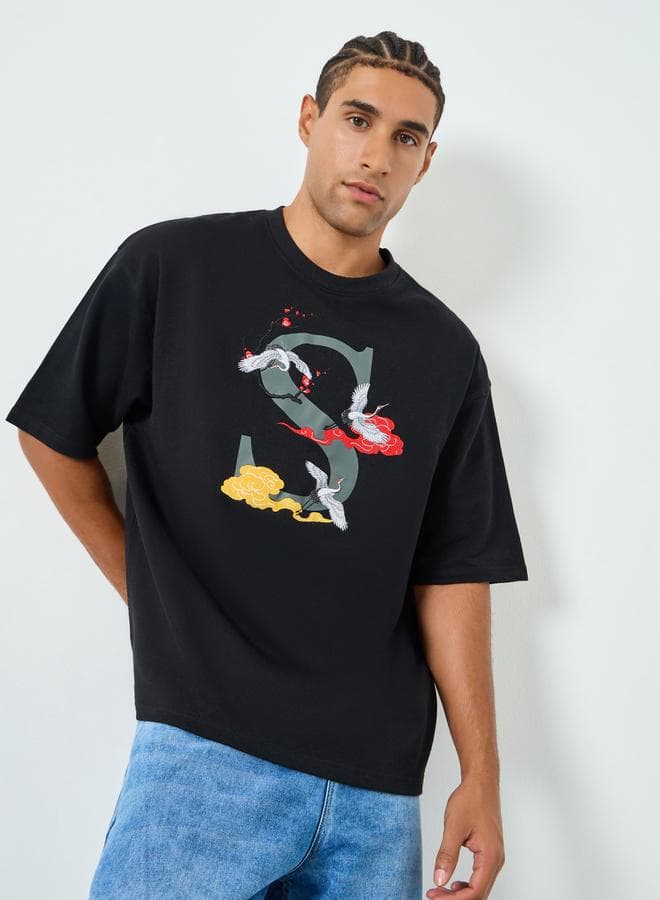 Men Black Embroidered Oversized Terry T-Shirt