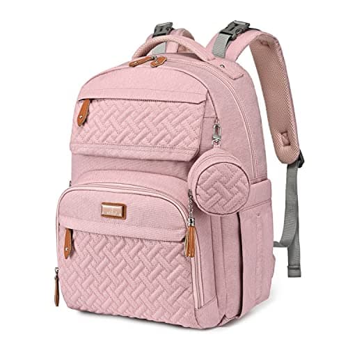 BabbleRoo Diaper Bag Backpack Travel Backpack with Changing Pad Pacifier Case Stroller Straps Multifunction Waterproof Unisex Pink