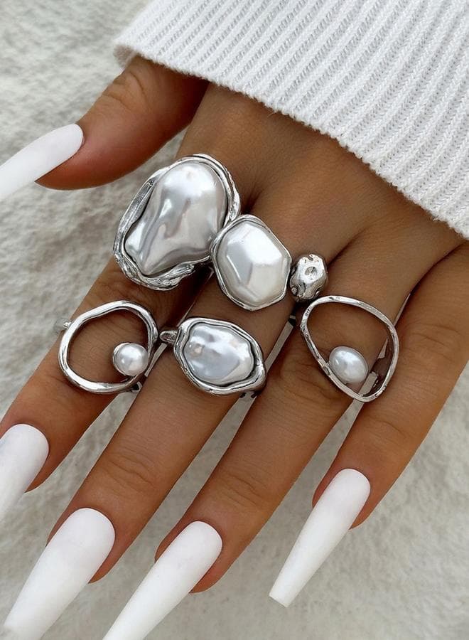 Pack of 5 - Embellished Faux Pearl Rings