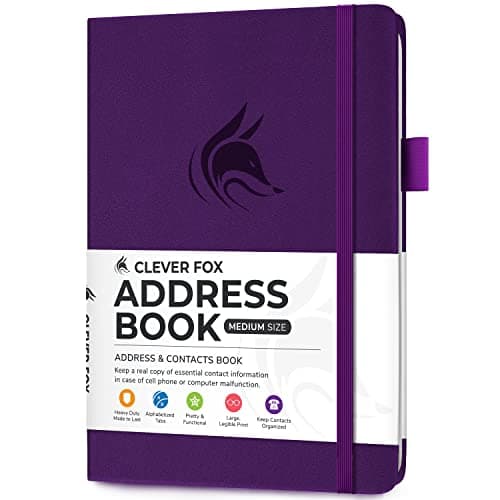 Clever Fox Address Book with alphabetic tabs - PU Leather Telephone and Address Book for Keeping Contacts Safe, Contact Organizer Journal, Medium Size (5.3″ x 7.7″) Hardcover, Purple